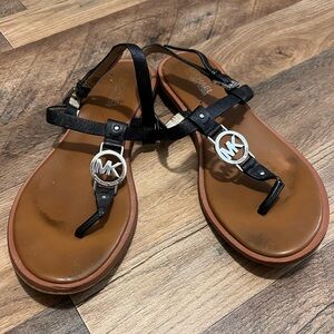 Michael Kors Black/Silver Monogram Women's Leather Thong Sandals